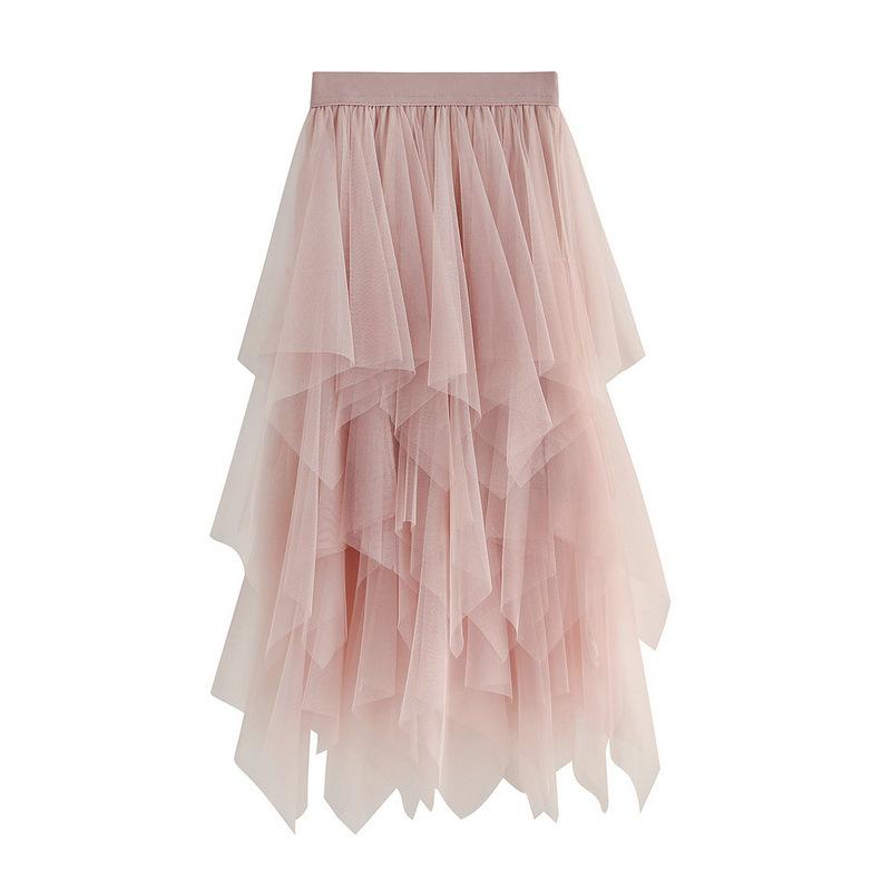 Gonna alla moda sexy da donna in rete a tinta unita, gonna a bolle irregolare in tulle elastico, vita quotidiana e vacanza