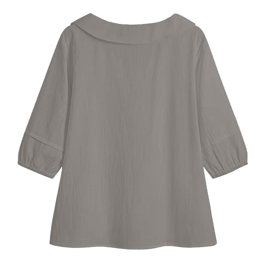 Women's Fashionable Color 3/4 Sleeve Shirt Cute Collar Summer Casual Shirt Loose Top