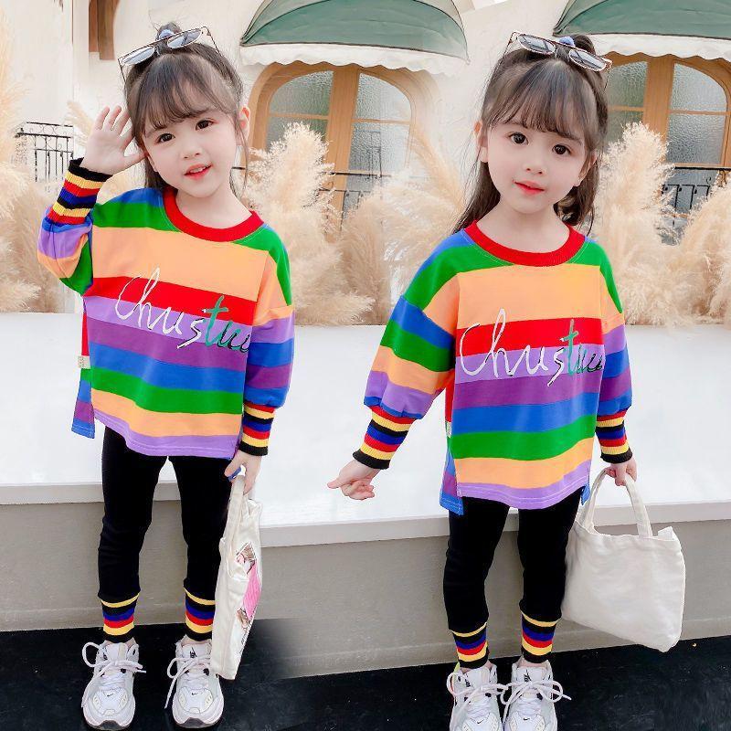 Girls Spring Autumn Rainbow 2 Piece Set Fashionable Casual Outfit For Little Kids Trendy Clothing