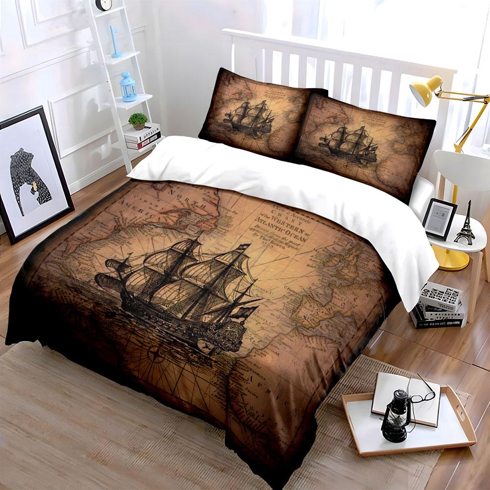 Vintage Ship & Map Design Bedding Duvet Cover Set Duvet Cover Pillowcases  (1*Duvet Cover 2*Pillowcases, Without Duvet Insert)