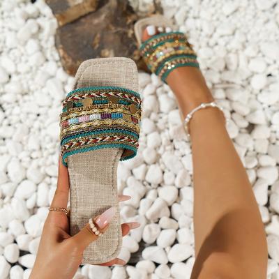 2024 Boty pro ženy Léto Basic Dámské Pantofle Vysoce kvalitní Boho Dámské Pantofle Dámské Kovová dekorace Ploché sandály Zapatos