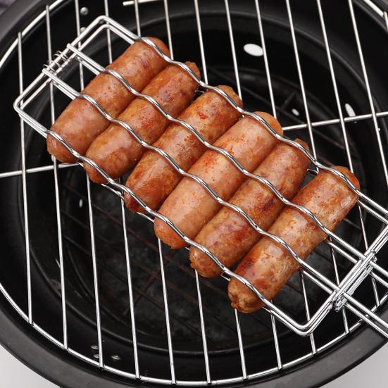 Stainless Steel Grill Basket with Handle Hot Dog Grilling Rack BBQ Sausage Holder Rust-Resistant Expandable BBQ Grill Tool for Outdoor Cooking