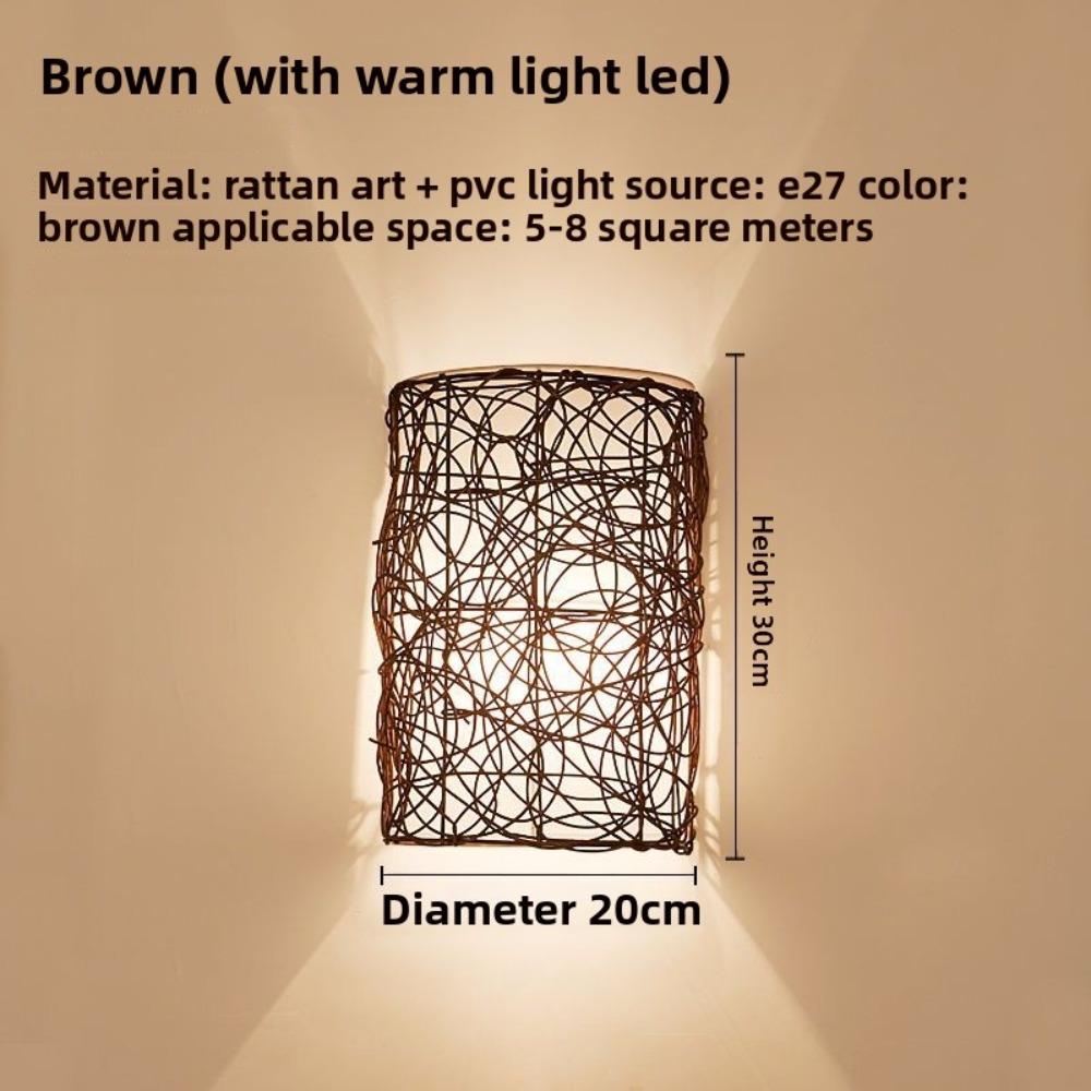 Vintage Rustic Iron Rattan Woven Wall Lamps E27 Rattan Woven Sconce Lights with Dimmable Control for Bedside Corridor Balcony