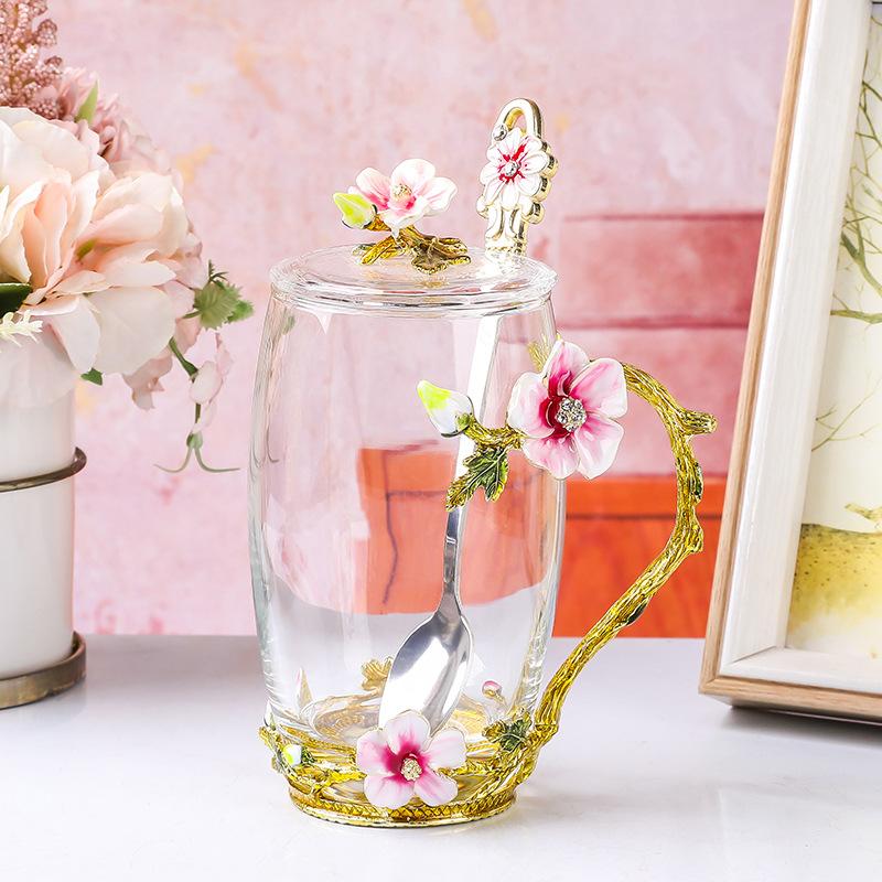 Enamel Color Flower Teacup Household Glass Afternoon Tea Water Cup Light Luxury Crystal Cup High Temperature Resistant Cup