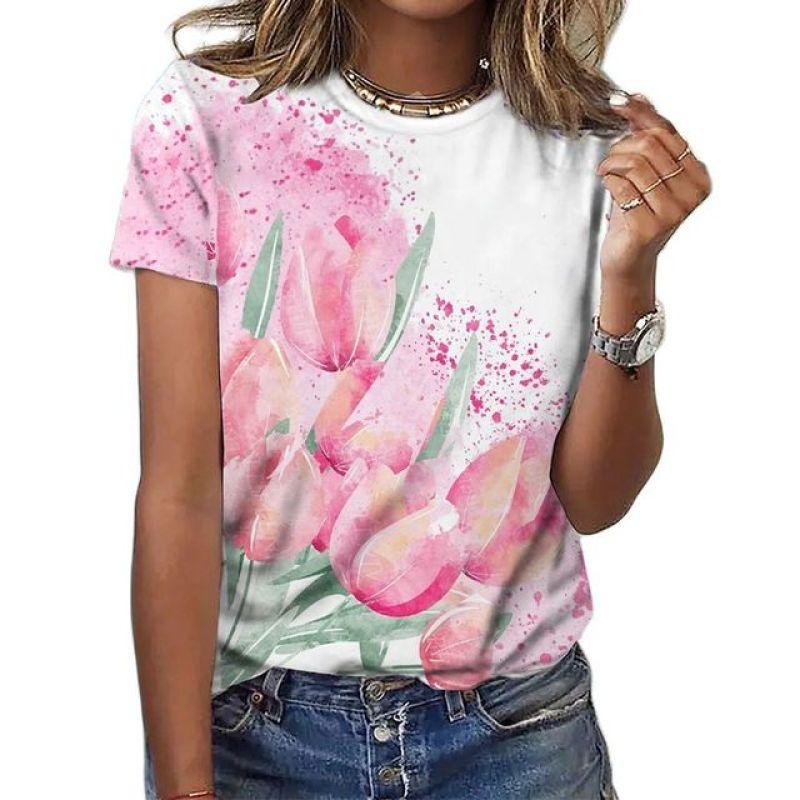 2023 Women's T-Shirts Fashion Floral Theme T Shirt Floral Plants Tees Summer Short Sleeve Top Basic Oversized Female Clothing