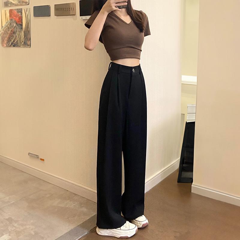 2025 Black Wide-Leg Elastic Waist Slimming High Waist Summer Pants