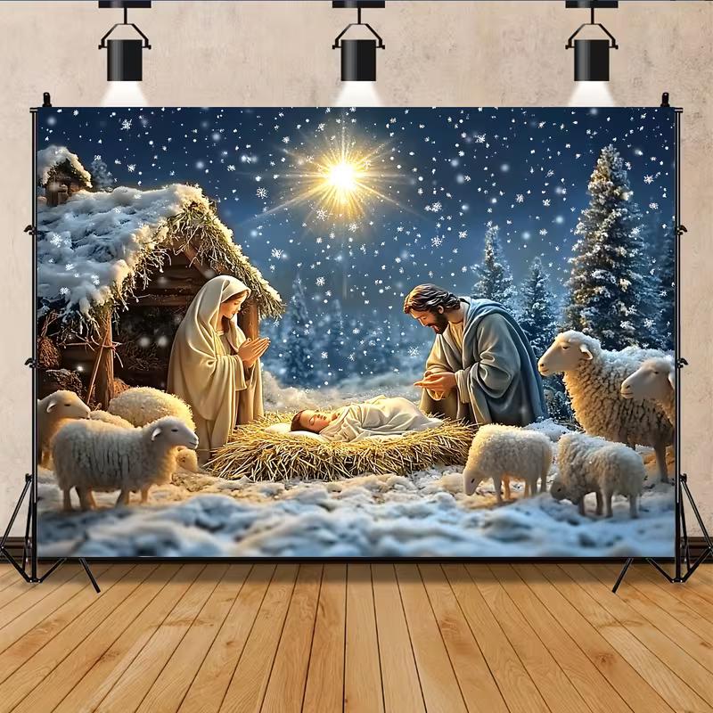 

2D Nativity Scene Christmas Backdrop, Snowy Night Holy Family Background for Photoshoot & Wall Decor 47.2x31.5inch/120*80cm