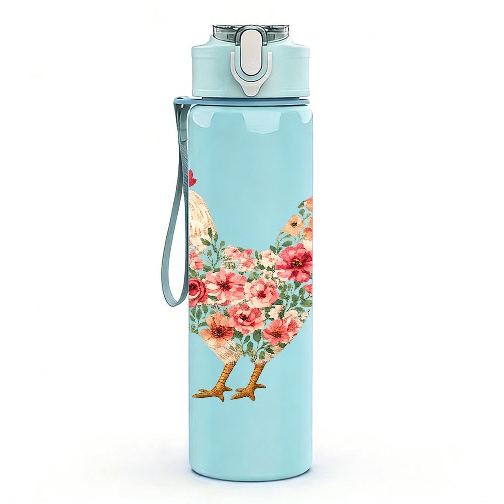 1PC Floral Rooster Chicken Art Print 750ml Color Plastic Sports Water Bottle Leakproof Flip Straw Lid Suitable for Sports Office Home Use