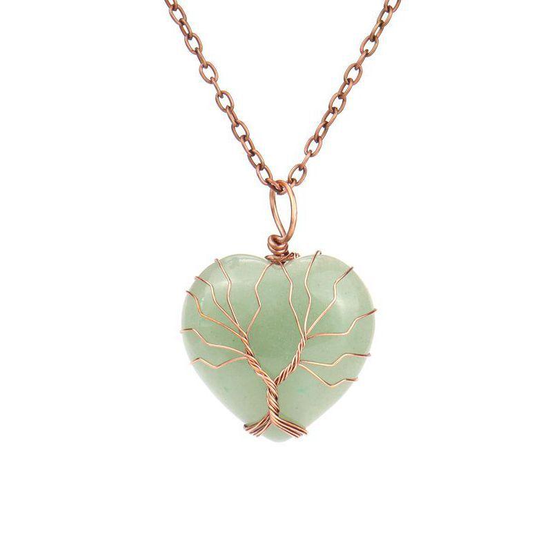 Ancient Red Copper Hand-Wound Peach Heart Natural Stone Heart-Shaped Powder Crystal Tree Of Life Necklace N519