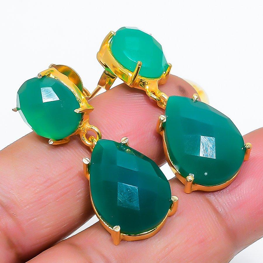 Green Onyx Gemstone Handmade 925 Sterling Silver Jewelry Earring 1.38" GK-6390