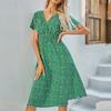 Fashion Women's Casual V-Neck Printed Midi Skirt Elastic Waist Dress