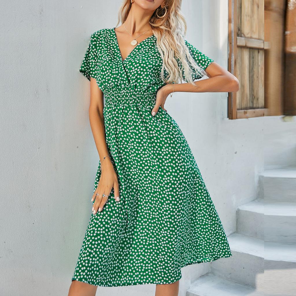 Fashion Women's Casual V-Neck Printed Midi Skirt Elastic Waist Dress