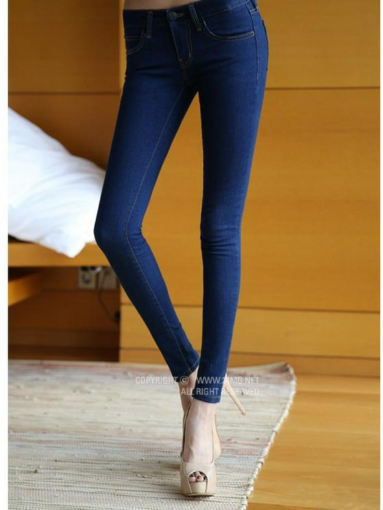 Spring Autumn Slim Fit Mid-Waist Women's Skinny Blue Elastic Jeans