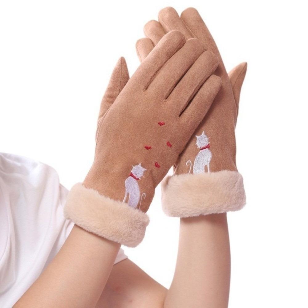 New Warm Winter Gloves Full Finger Windproof Driving Mittens Cat Embroidery Coldproof Touch Screen Gloves Women