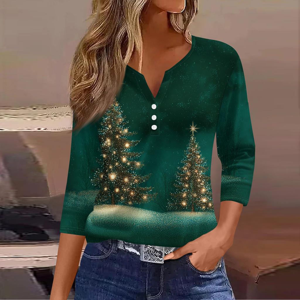 Women's Casual Fashion V-neck Loose Versatile Christmas Print Three-quarter Sleeve Top