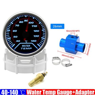 Smoked Faced 40-140℃ 52mm Water Temperature Gauge with Temp Joint Adapter Sensor Hose 26mm-40mm for Gasoline Racing Car 12V