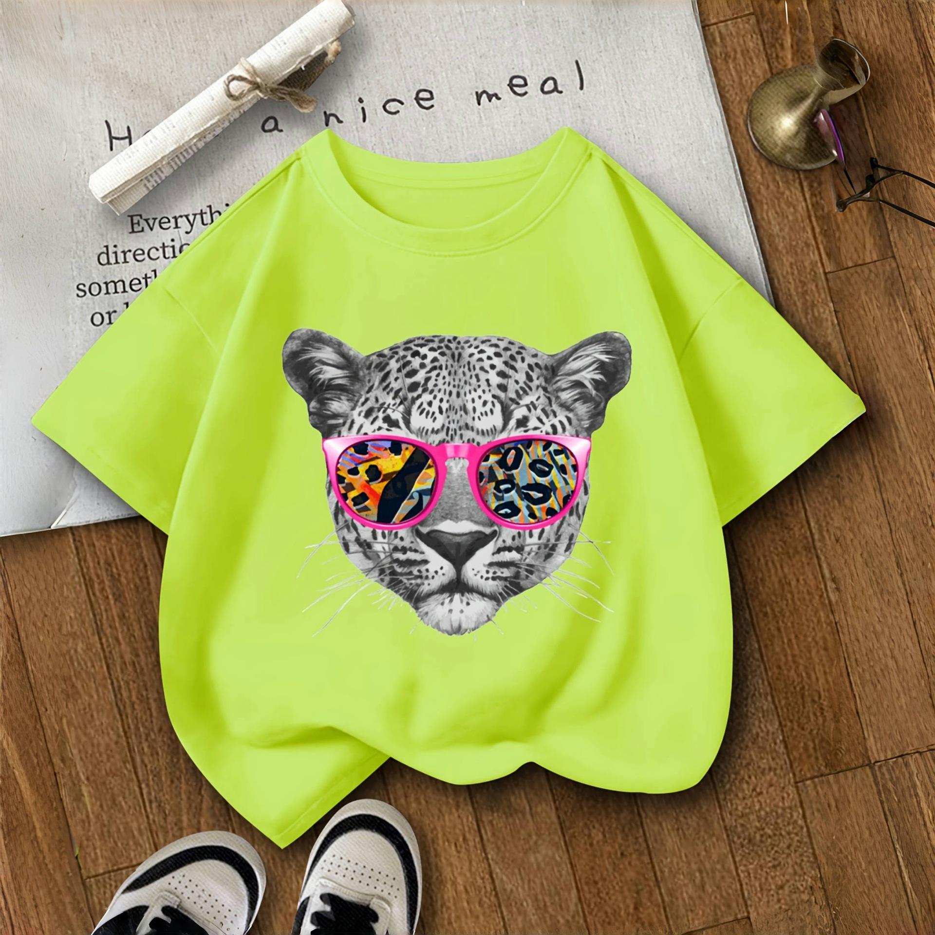 

Girls Casual Black Panther-patterned Sunglasses T-shirt for Summer, Fashionable Short-sleeved T-shirt for Children 13-14Y