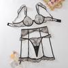 4pcs Sexy Ultra-thin Mesh Women'S Lingerie Set with French Hollow Lace Breathable Bra Thong Thigh-High Socks and Thigh Lace Trim