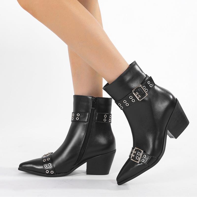 Fashion Liyke Goth Fashion Design Belt Buckle Pointed Toe Zip Ankle Boots For Woman Low Square Heels Chelsea Shoes Women Booties Black