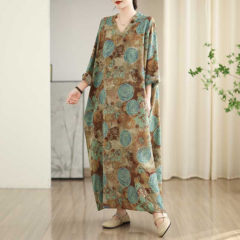 Women's New Color V-neck Retro Long Skirt Cotton Linen Dress