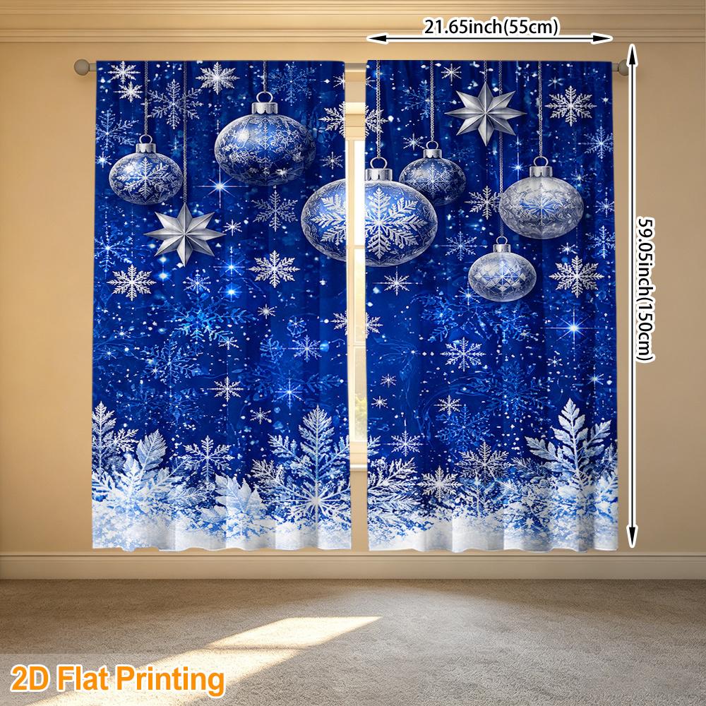 2pcs Blue Silver Christmas Ornaments Printed Polyester Curtain Rod Pocket Design, Ideal for Study Decor, Living Room, Bedroom, Housewarming Gift Idea