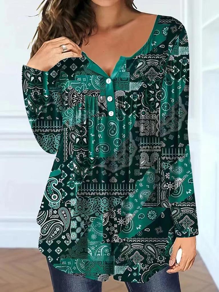 Elegant Plus Size Paisley V-Neck Button Top for Women