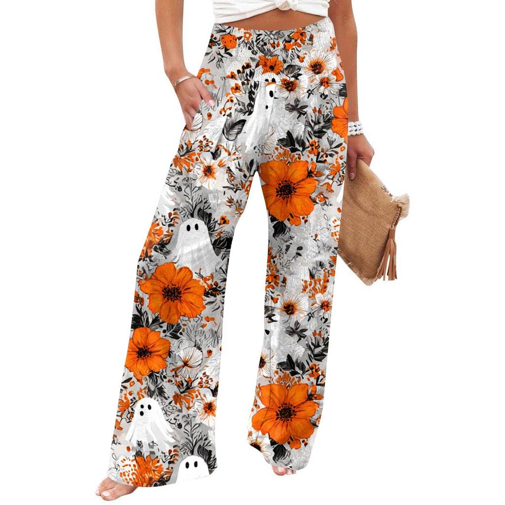 Women's Casual Time Straight Leg Pants Print High Waist Pants With Pockets