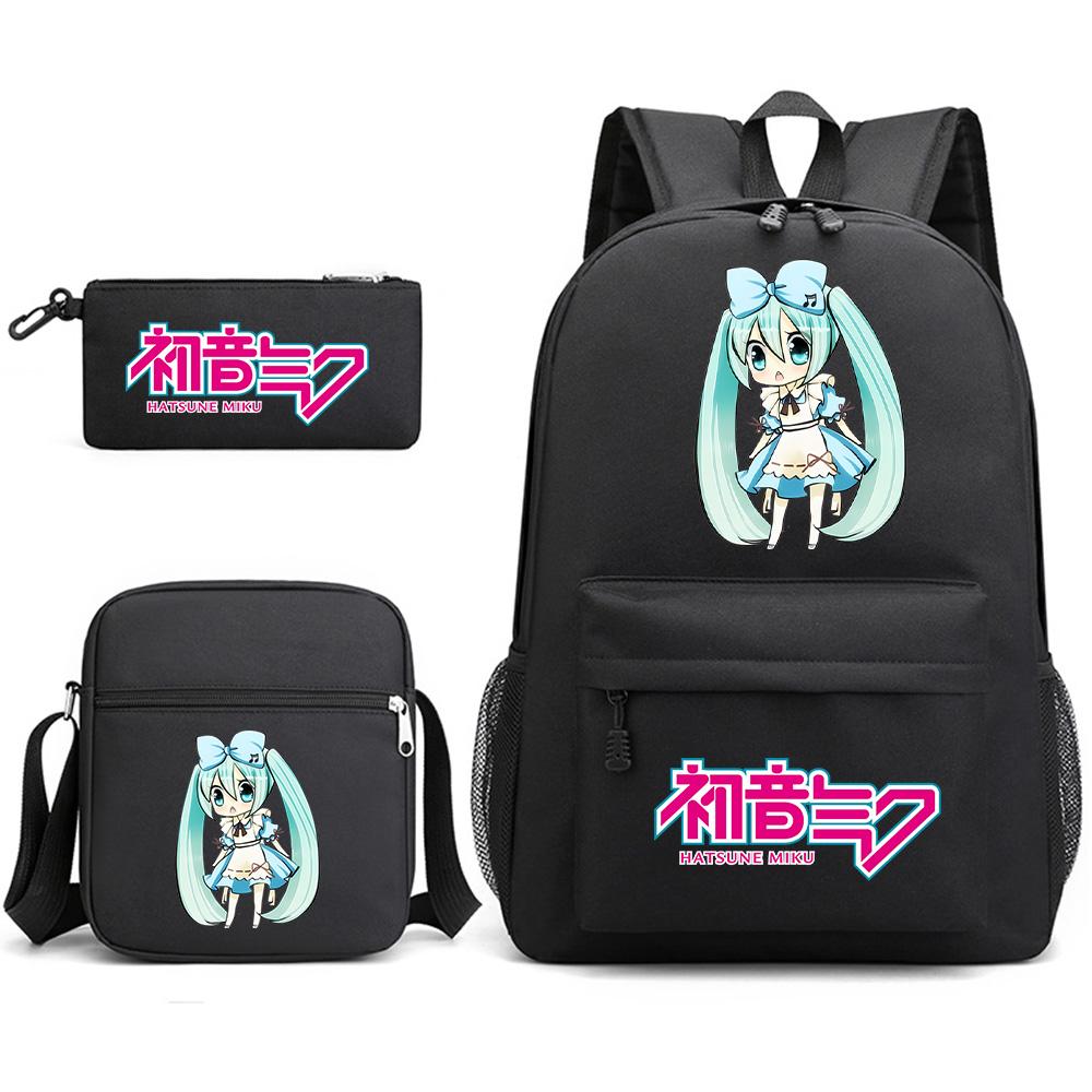 3Pcs/set Anime Cartoon Hatsune Miku Printed Backpack with Shoulder Bag Pencil Case for Teenager Student Boy Girl Large Capacity Waterproof Schoolbag