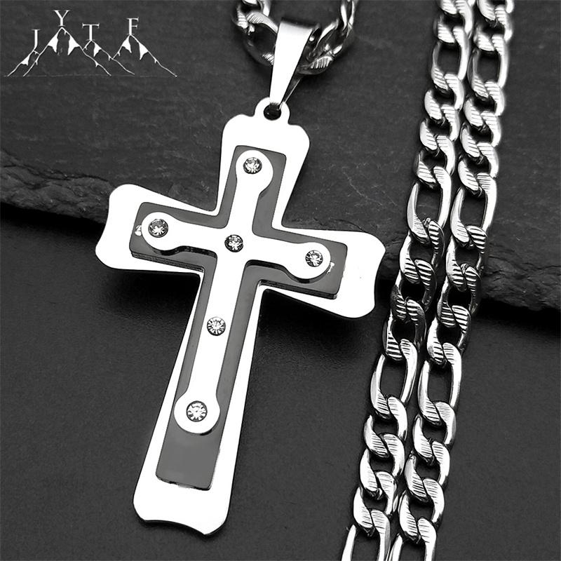 Stainless Steel Rhinestones Christian Cross Jesus Pendant Necklace for Women Men Silver Color Religion Necklaces Jewelry Gift