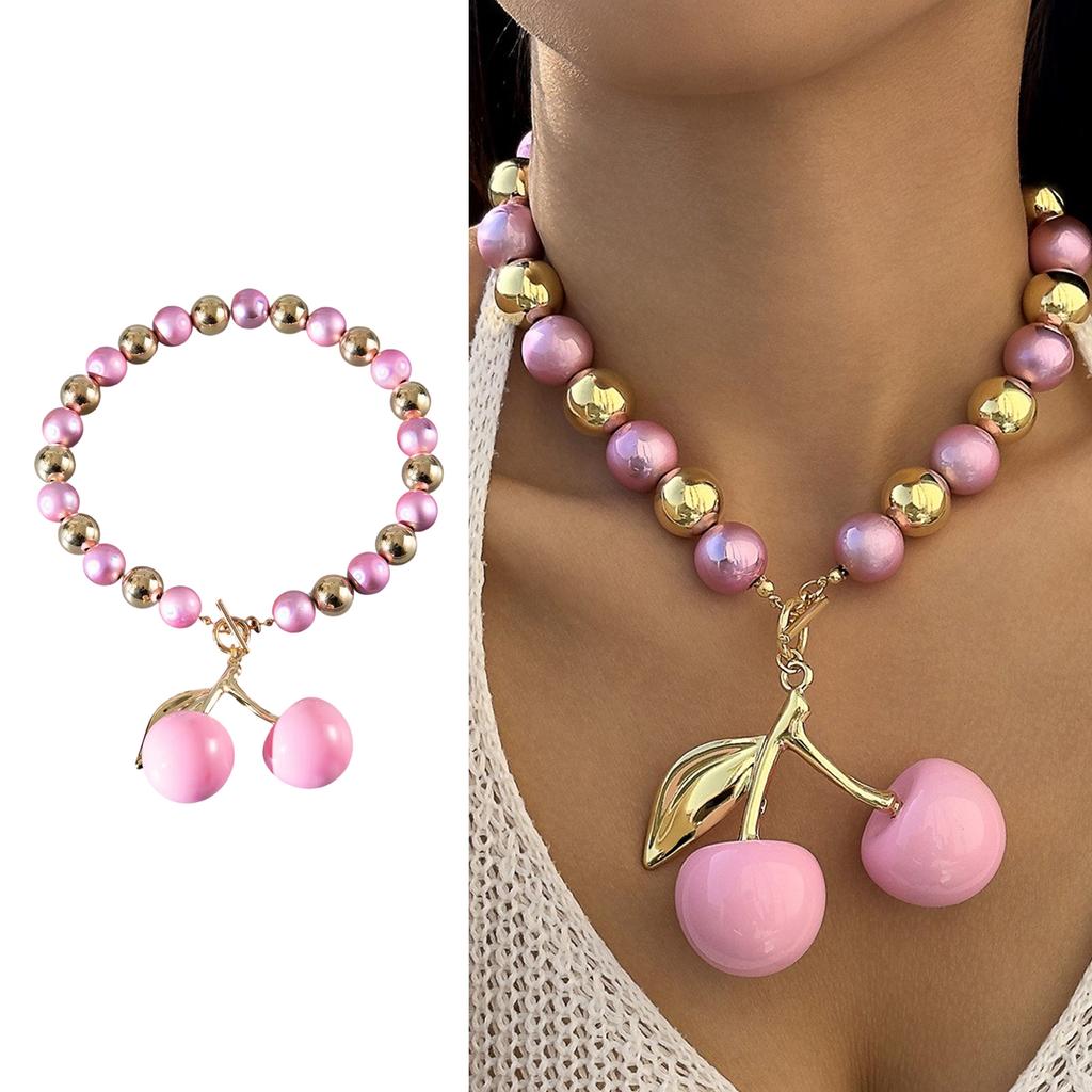 Pink Cherry Pendant Necklace for Women Sweet and Vibrant Style Clavicle Chain Exaggerated Fruit Charm Neckchain Jewelry