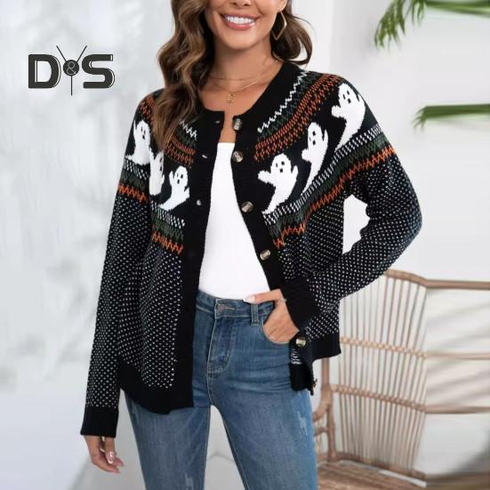 Damen Pullovermantel, Rundhalsausschnitt, Langarm, Geistermuster, Halloween-Strickjacke, Einreiher, Pullover, Strickjacke