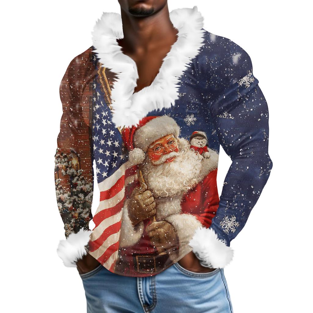 Herren Lässiges Weihnachten Bedrucktes Plüsch V-Ausschnitt und Fleece Langarm-Sweatshirt