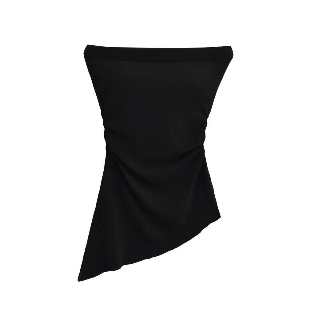Irregular Slit Padded Bandeau Summer Top with Ruched Waist