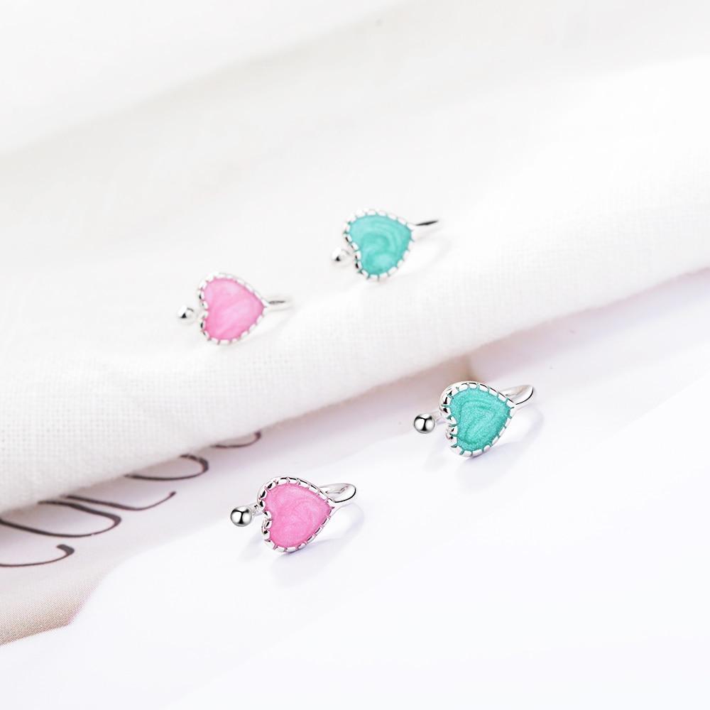 Fashion Children 925 Silver Pink Green Enamel Cute Heart Non Piercing Fake Clip Earrings for Baby Girl Women Party Earring Gift