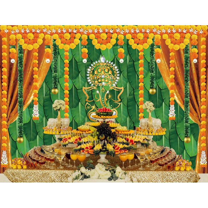 Indian Pooja Traditional Backdrop Diwali Ganpati Ganesh Marigold Puja Photography Background Green Banana Leaves Adult Religious Service Weeding