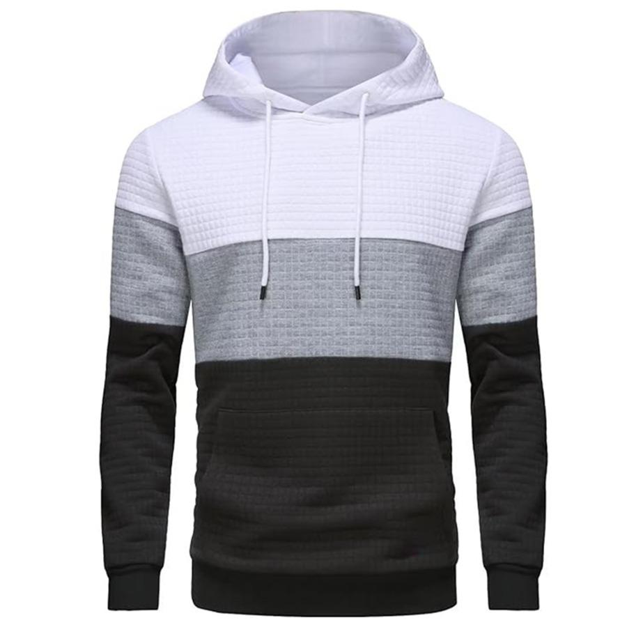 Large Size Men's Hooded Pullovers Checkered Color Blocking Sweatshirt Retro Jacquard Casual Sports Hoodie for Men