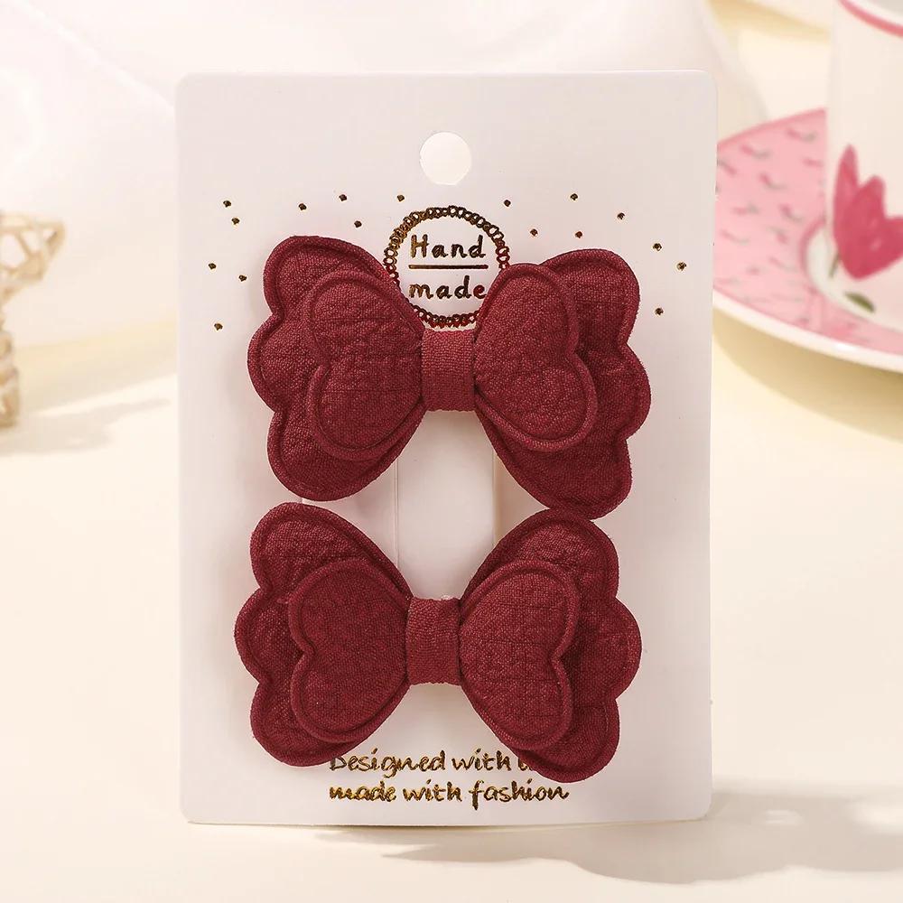 2Pcs Candy Colored Hair Clip Se Double Layered Bow Cute Bangs HairPin Cotton Safe Children's T for Girls Hair Accessories