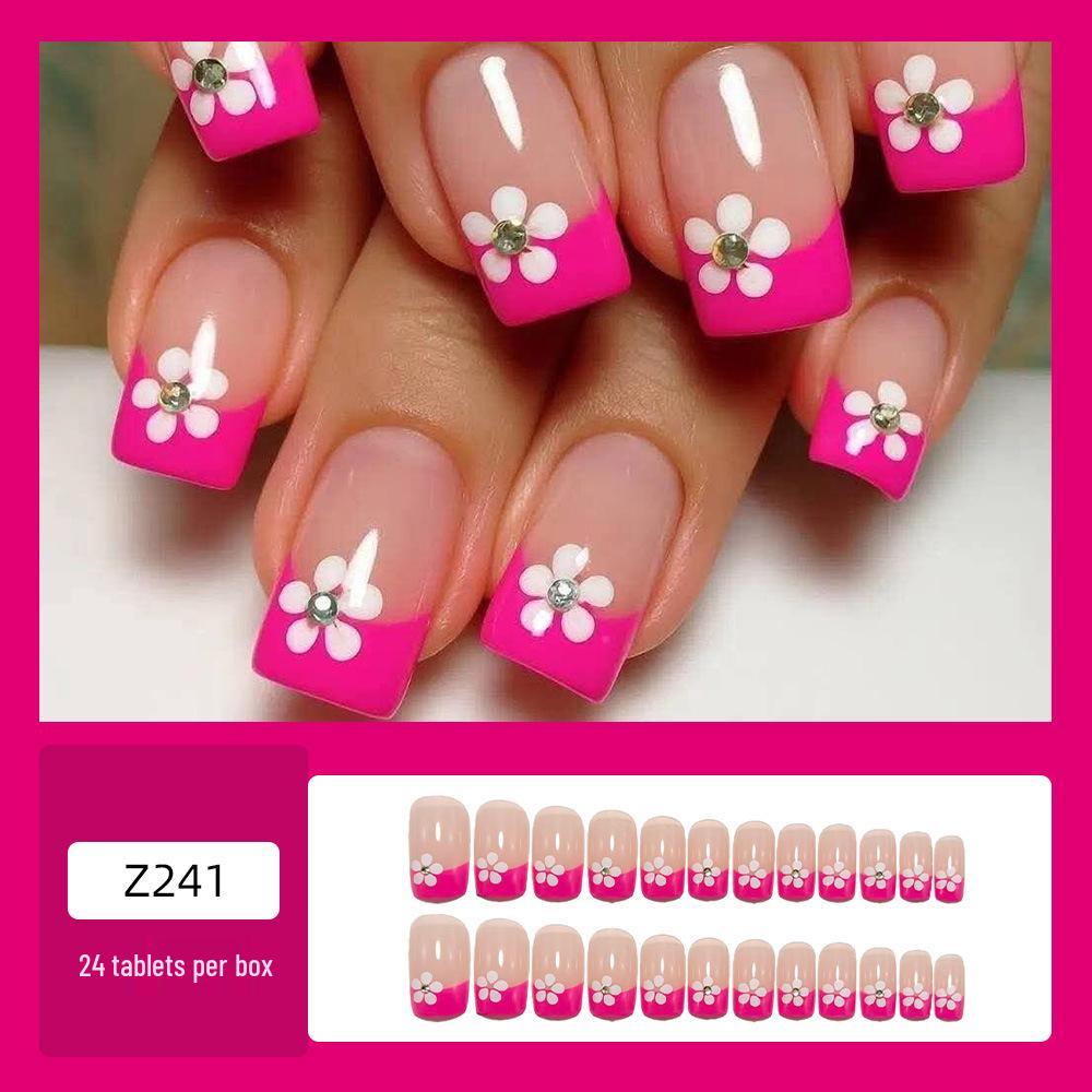 European and American Style Pink Flower Pattern Wearable Square False Nails