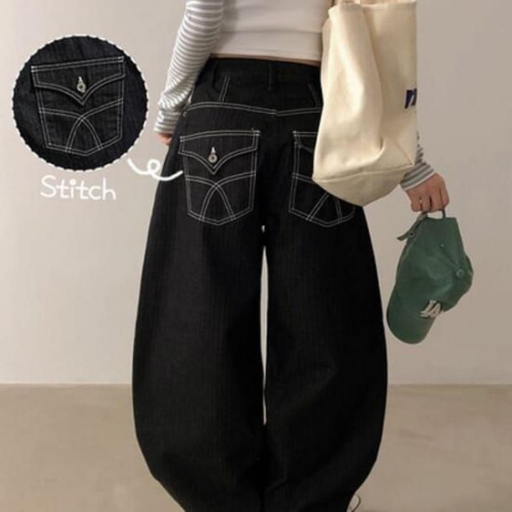 The Pink Leaf Stripe Stitch Wide Balloon Fit Pants