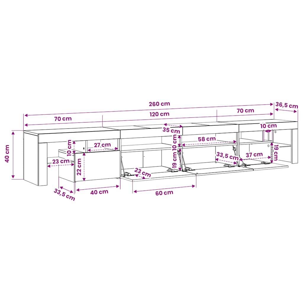 TV Cabinet with LED Lights White 260 X 36.5 X 40 Cm