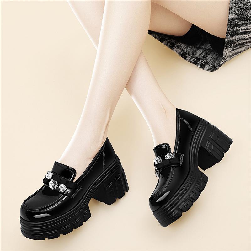 British Style Thick-heeled Small Leather Shoes Women's Versatile CM Thick-soled Early Spring Single Shoes Black Patent Leather Platform Loafers