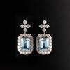 Rectangular Cut Blue Stone Halo Drop Earrings with Top Accents Elegant Bridal Style Women Jewelry