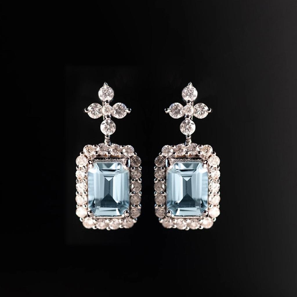 Rectangular Cut Blue Stone Halo Drop Earrings with Top Accents Elegant Bridal Style Women Jewelry