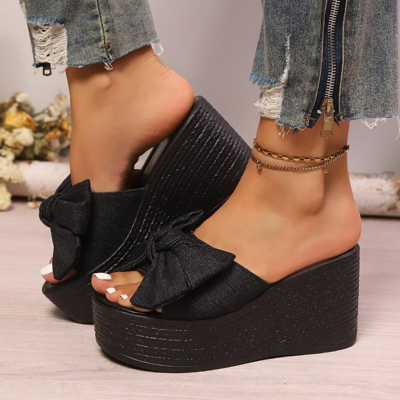 Women’s Bow Accent Peep-Toe Wedge Roman Slide Sandals