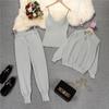 IHUASU Conjunto de tres piezas de chaqueta de punto y pantalón elástico de pierna corta para mujer