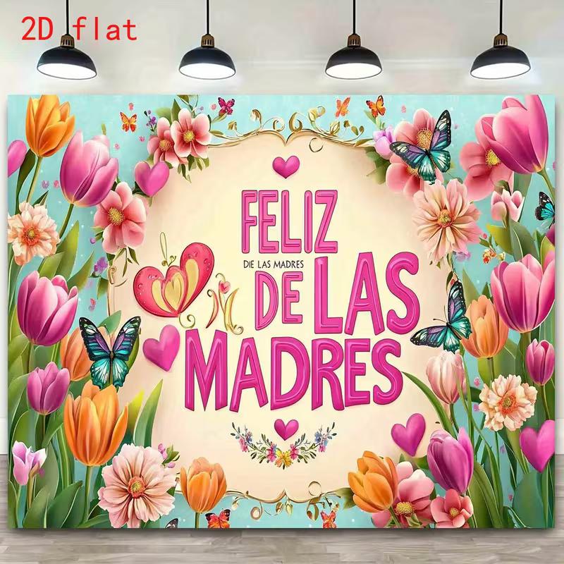 

2D Floral Mother s Day Backdrop, Feliz Día de las Madres Tulip & Butterfly Decor Banner 47.2x31.5inch/120*80cm