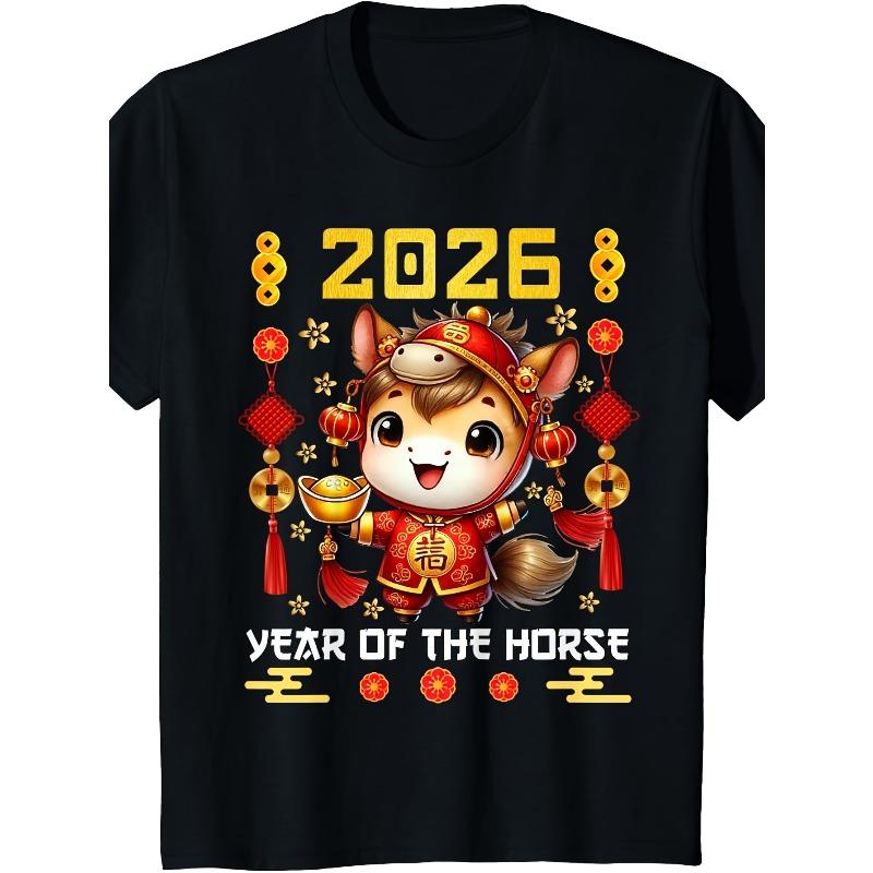 

European sizes 2026 Year of the Horse Festive Black T-Shirt - Adorable Cartoon Horse in Red Attire with Good Fortune Symbol and Golden Ingot Design, 98cm