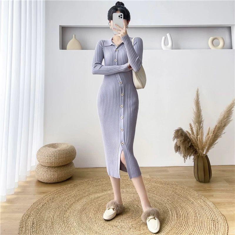 Dress Cardigan Female Autumn Korean Knitted Dress Women Mid Length