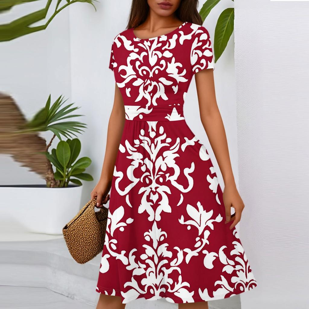 Women's Casual Fashion Round Neck Pleated Short Sleeve Floral Print A-Line Midi Dress