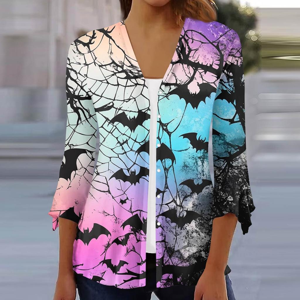 Damen Locker Lässig Bedruckt Siebenärmel Knopfleiste Hemd Strickjacke Top